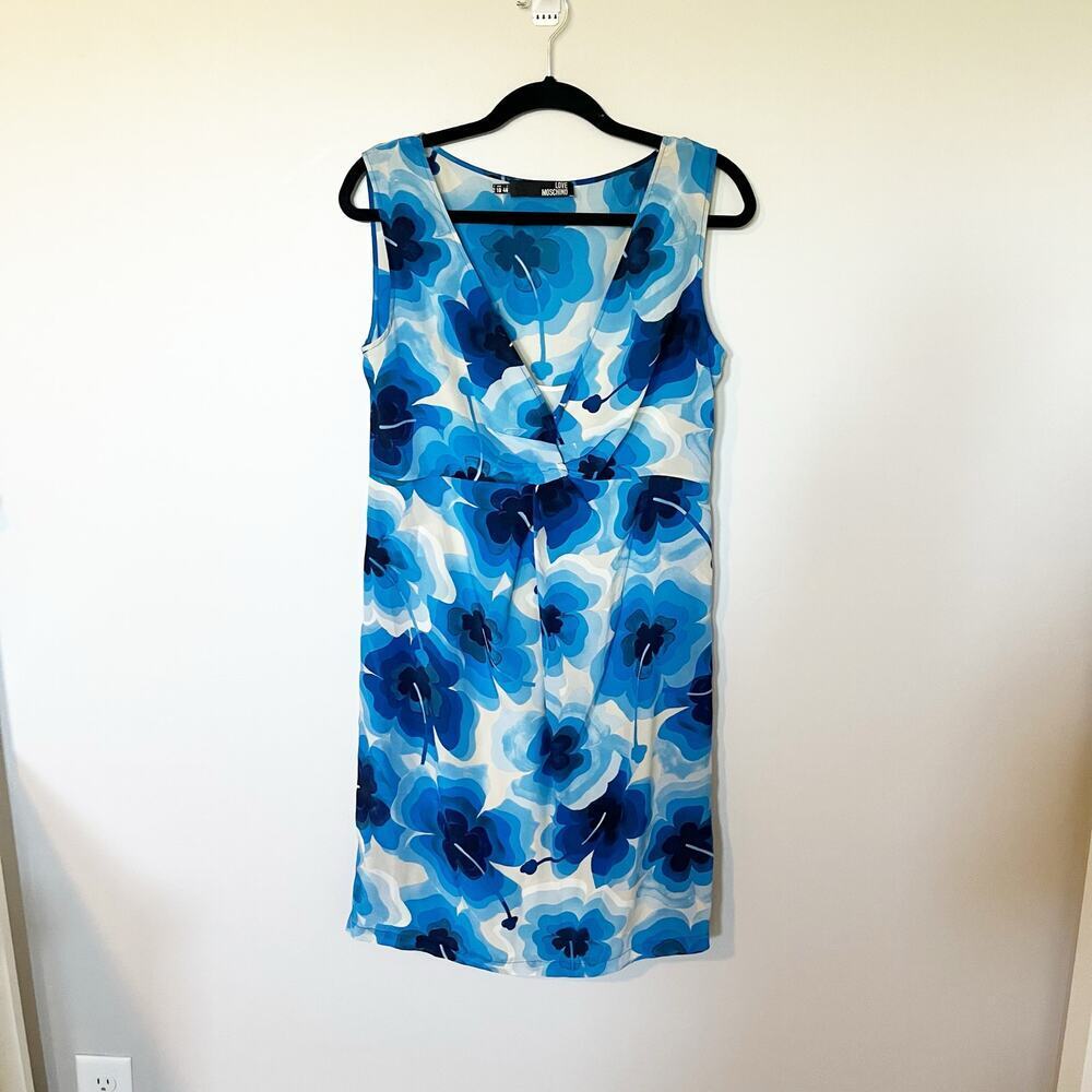 Love Moschino blue hibiscus floral silk sheath dress women’s size 10 / medium
